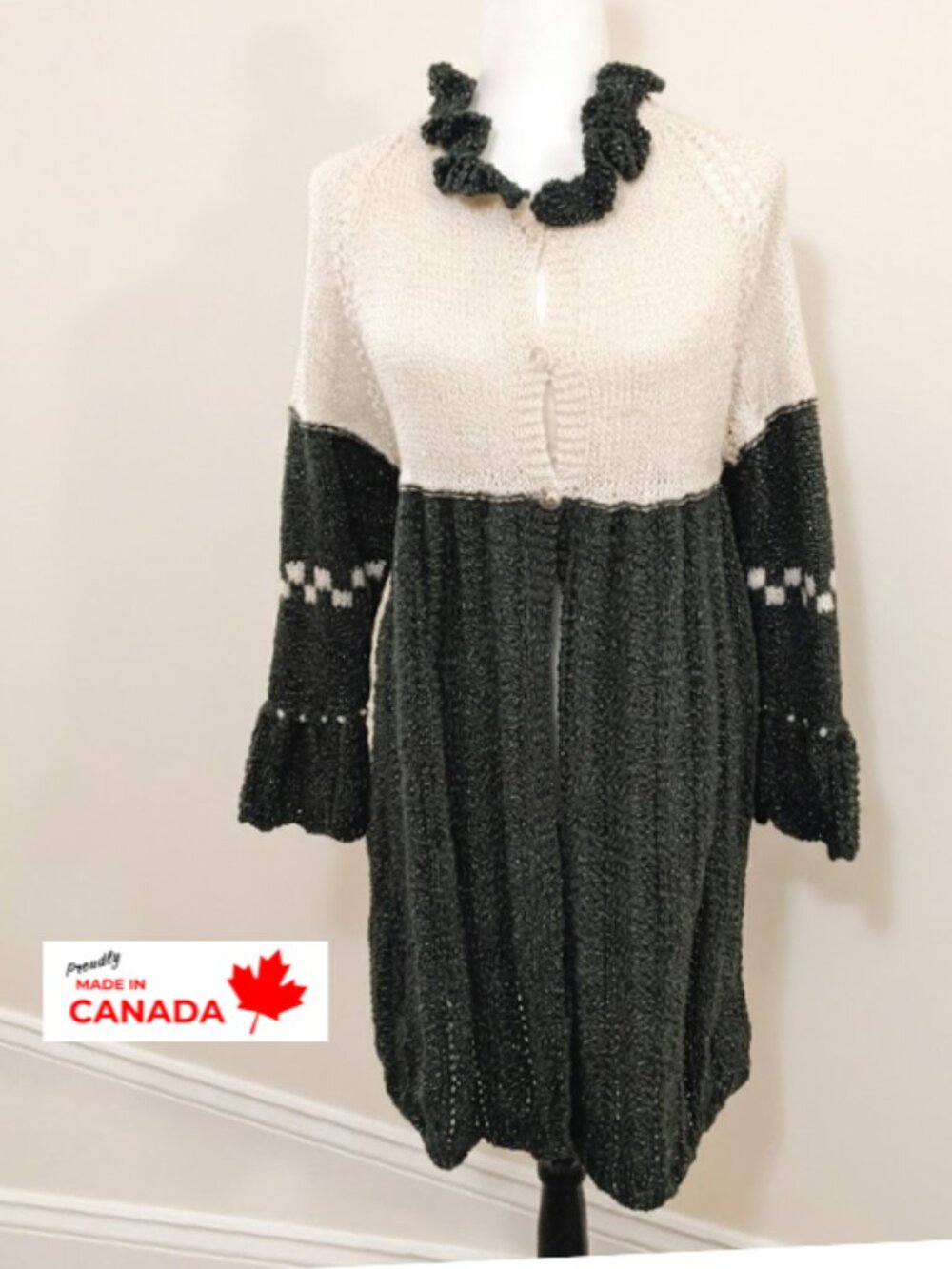 Handmade Cardigan Dress Glitter Beige Green Ruffled Collar Button Front, Sz S-M